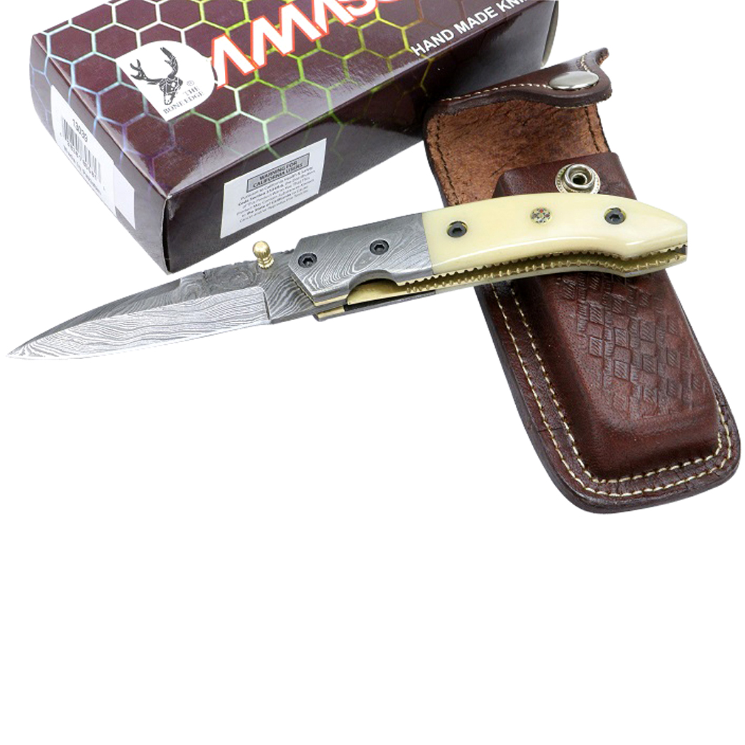 13039 7.5 in. TheBoneEdge Damascus Blade Folding Knife Horn Handle Handmade with Sheath