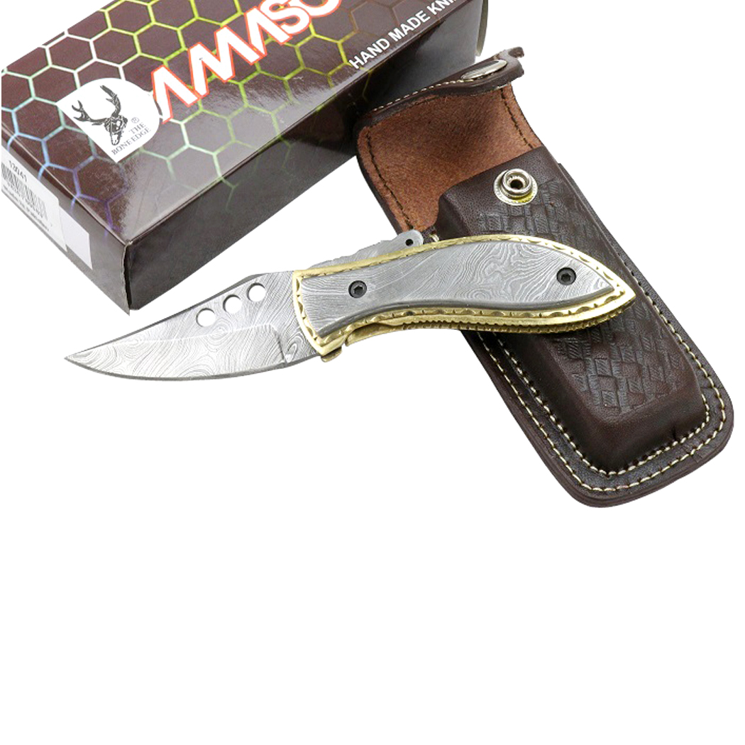 13041 7 in. TheBoneEdge Damascus Blade and Handle Folding Knife Handmade with Sheath New