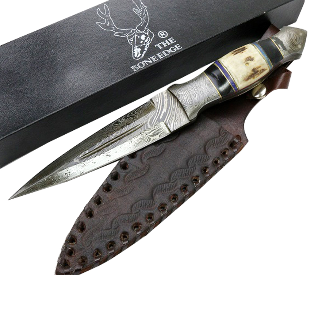9997 9.5 in. TheBoneEdge Damascus Blade Stag Handle Hunting Knives with leather Sheath