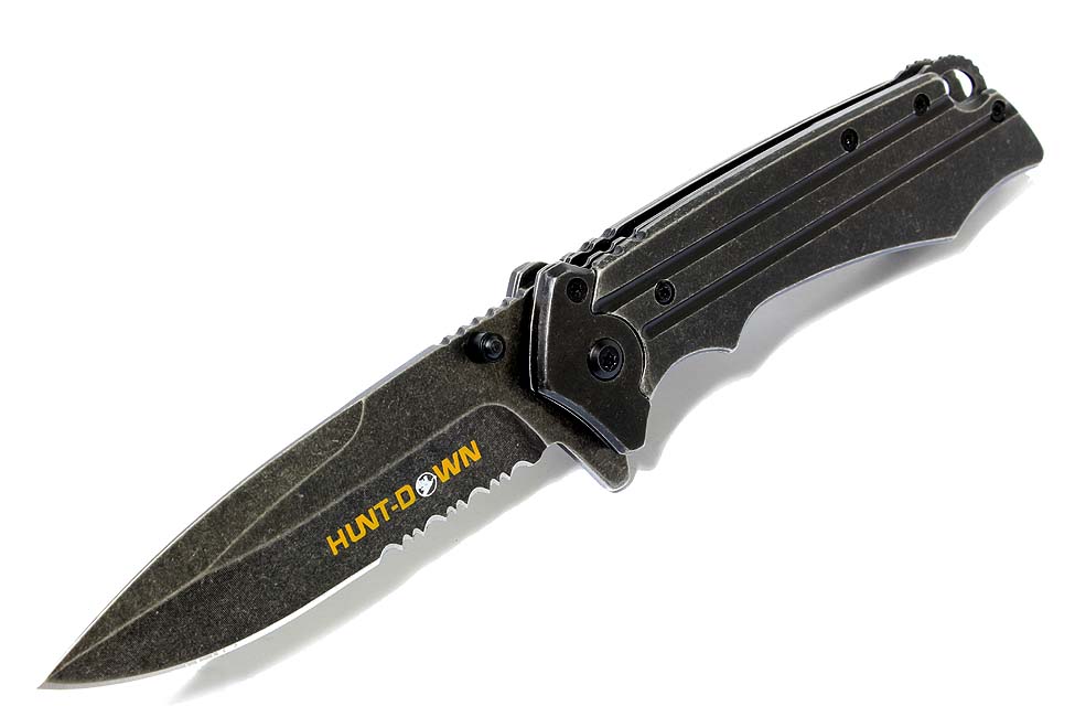 7794 8 in. Huntdown Spring Assisted Stone Wash Blade with Clip & Belt Cutter, Silver