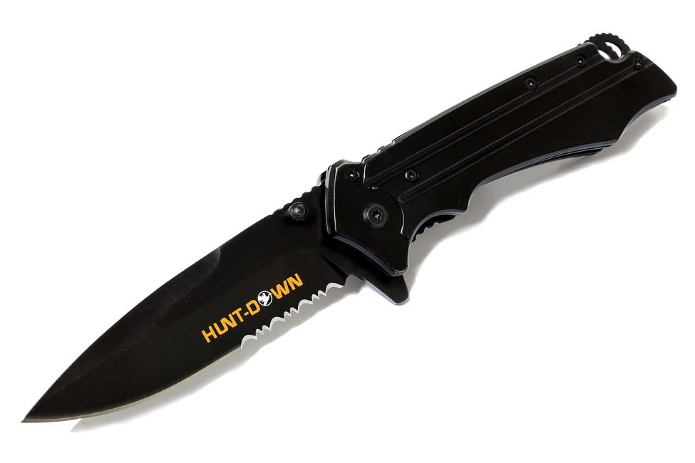 7796 8 in. Huntdown Spring Assisted Blade with Clip & Belt Cutter, Black