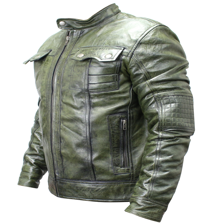 9636-3XL New Mens Genuine Sheep Skin Leather Fashion Jacket 2 Buttoned Chest Pocket - Green, 3XL