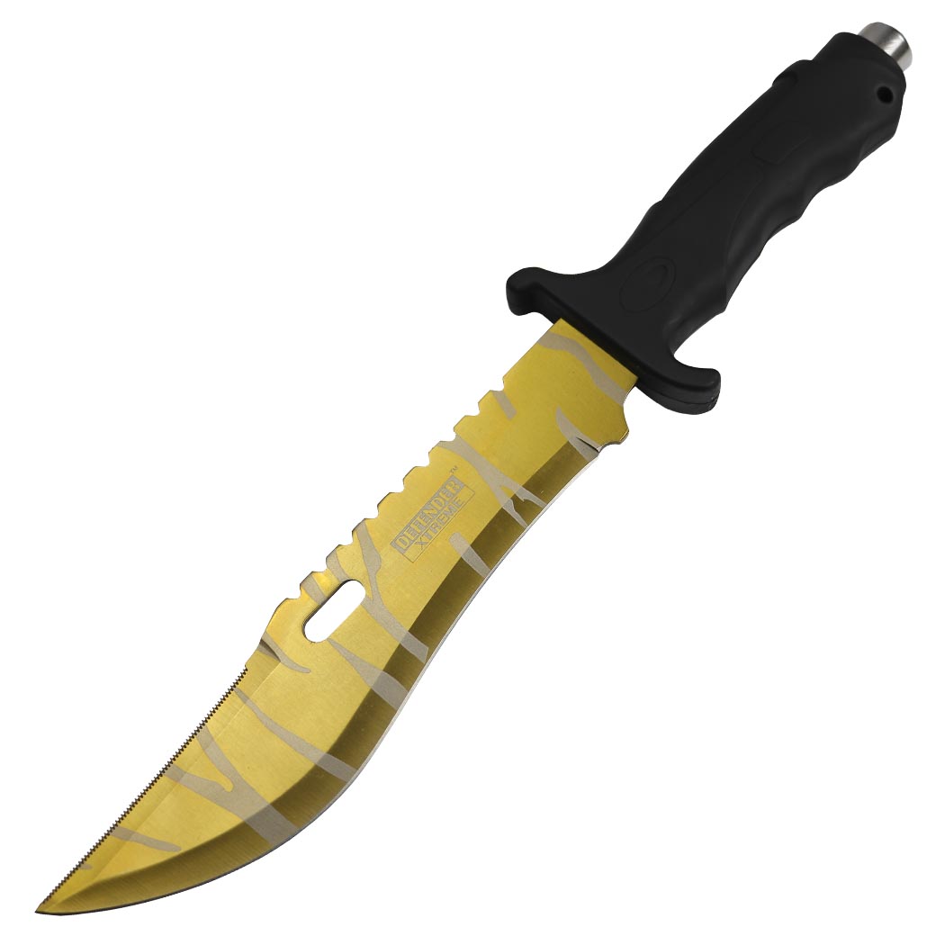 13357 13 in. Defender Xtreme Gold Coating Tiger Texture Blade Hunting Knife - Stainless Steel