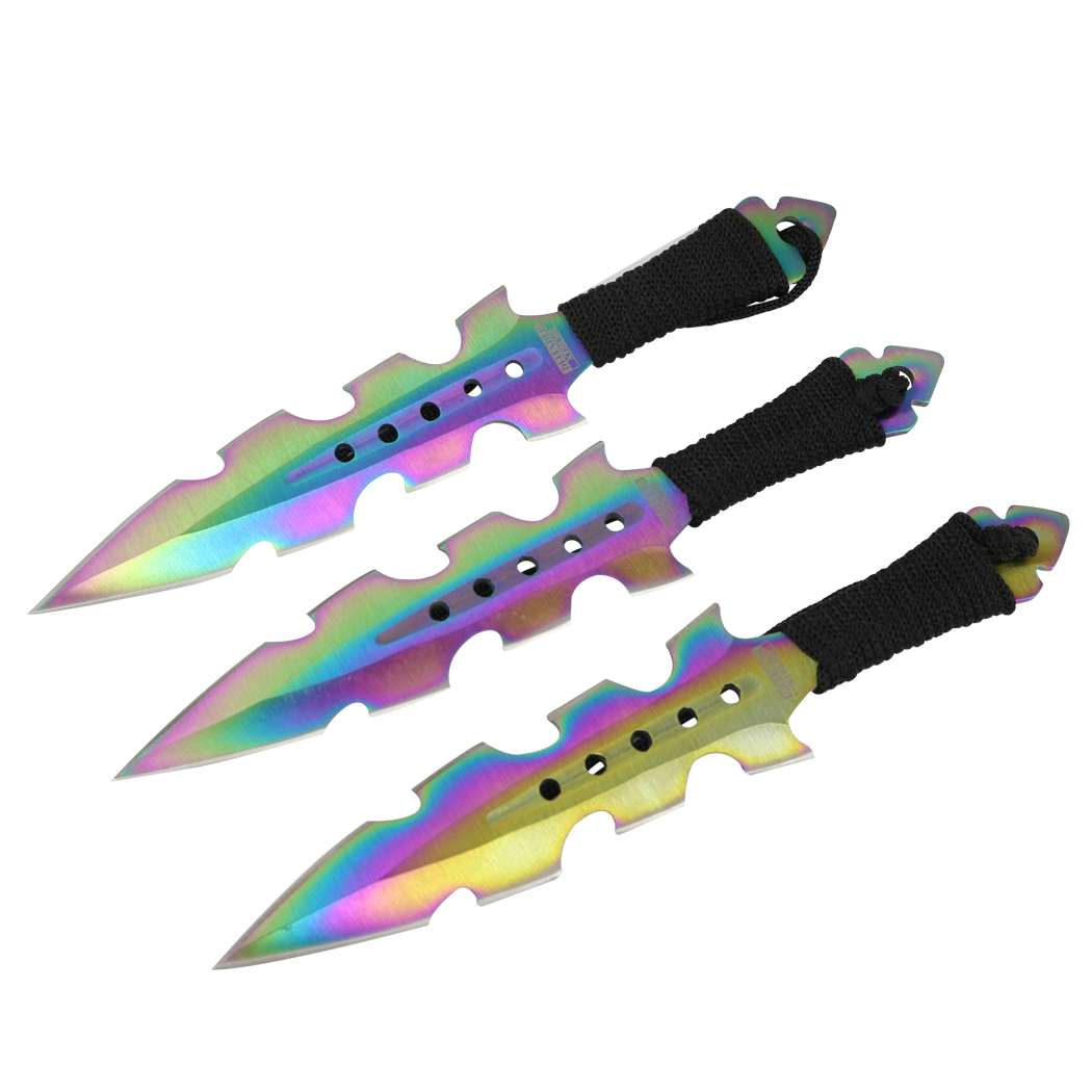 13564 7.5 in. Stainless Steel Full Tang Defender Ninja Throwing Knife Set, Rainbow - 3 Piece