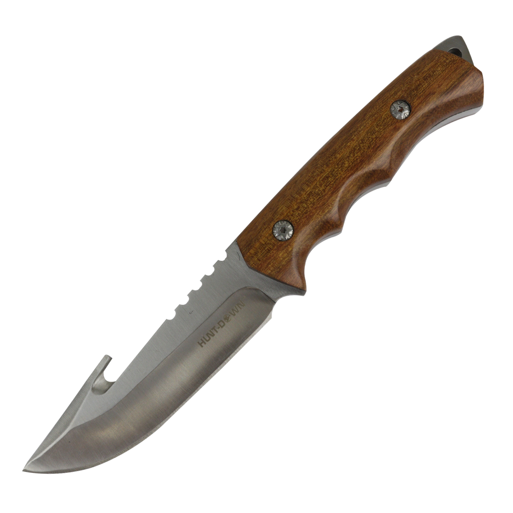13573 9.5 in. Hunt Down Full Tang Hunting Knife with Hook Blade Wood Handle - Stainless Steel