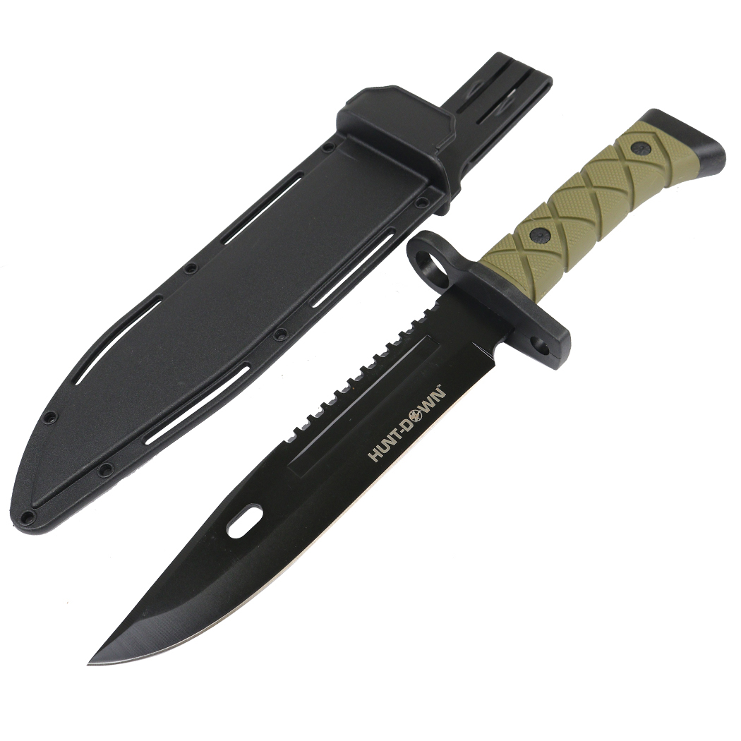 13580 14.5 in. Hunt Down Tactical Hunting Knife with ABS Handle 3CR13 Stainless Steel, Green