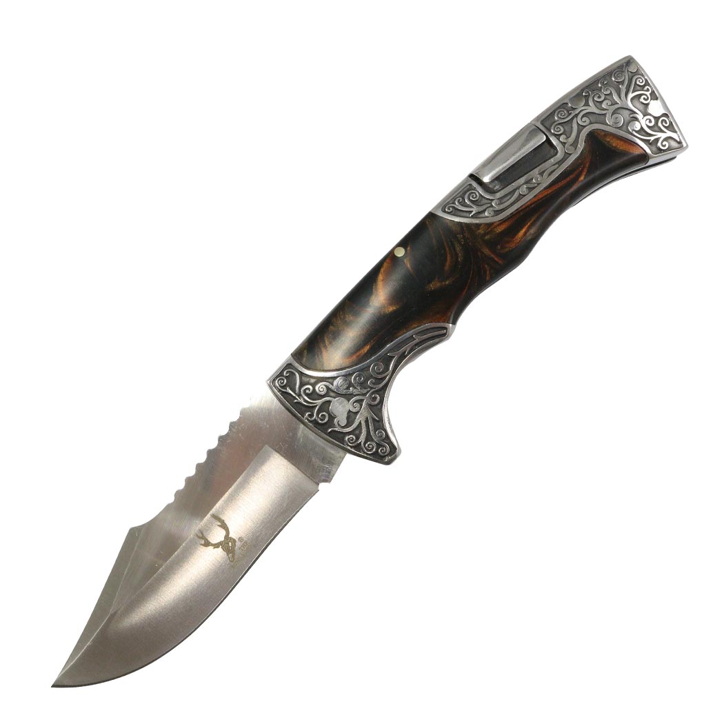 Folding Knife - Marble Handle - 9 in. - Engraved Design - 3CR13 Steel Blade