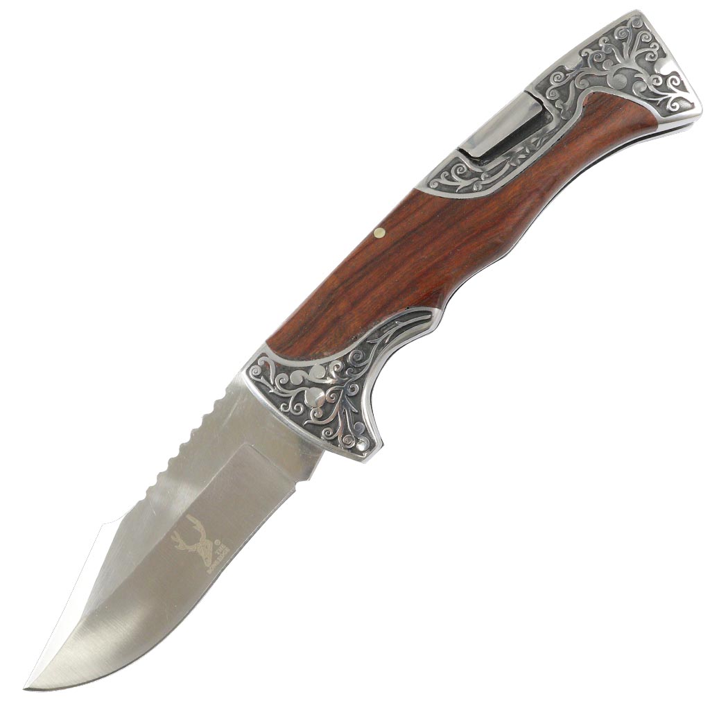 13104 9 in. The Bone Edge Wood Handle Engraved Design Folding Knife - 3CR13 Stainless Steel