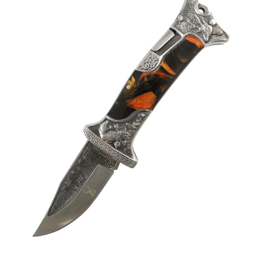 13112 9 in. The Bone Edge Hunter Blade Engraved Design Marble Folding Knife - 3CR13 Steel