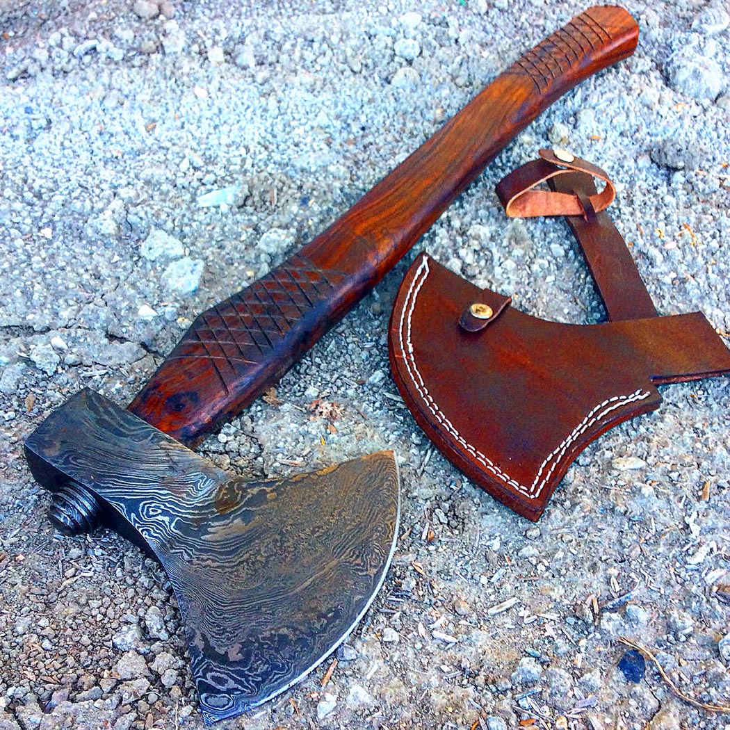 Damascus Steel Throwing Axe - Brown - 22.5 in. - Handmade - Durable Wood Handle