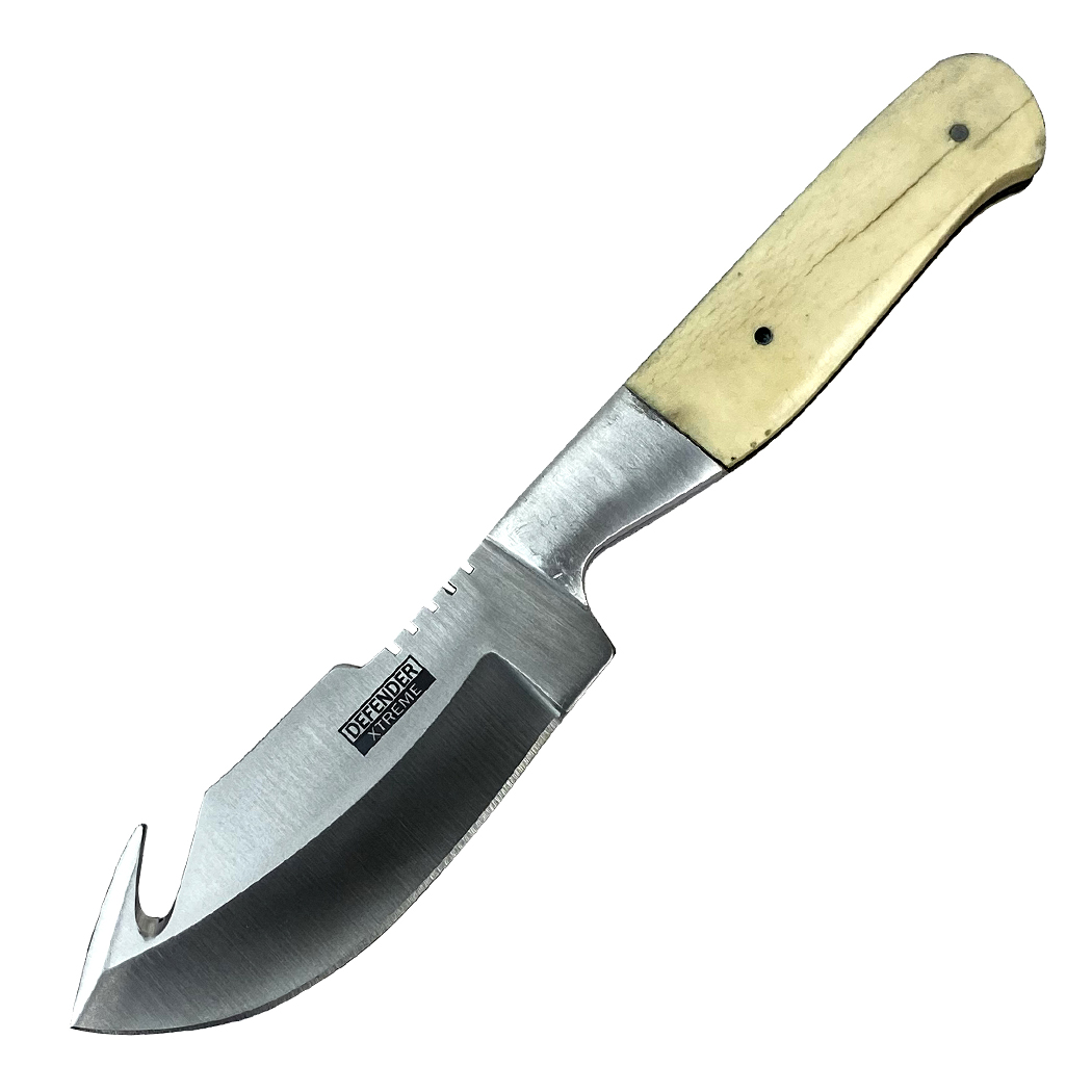 13680 7.5 in. Bone Handle Stainless Steel Hook Blade Hunting Knife with Leather Sheath
