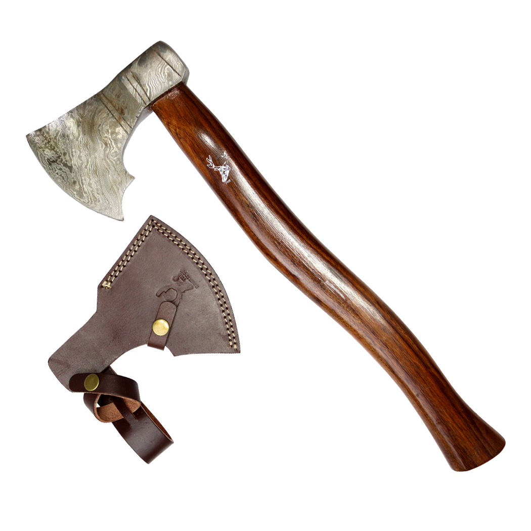 14048 19 in. Throwing Axe Damascus Blade - Dark Wood Handle with Sheath