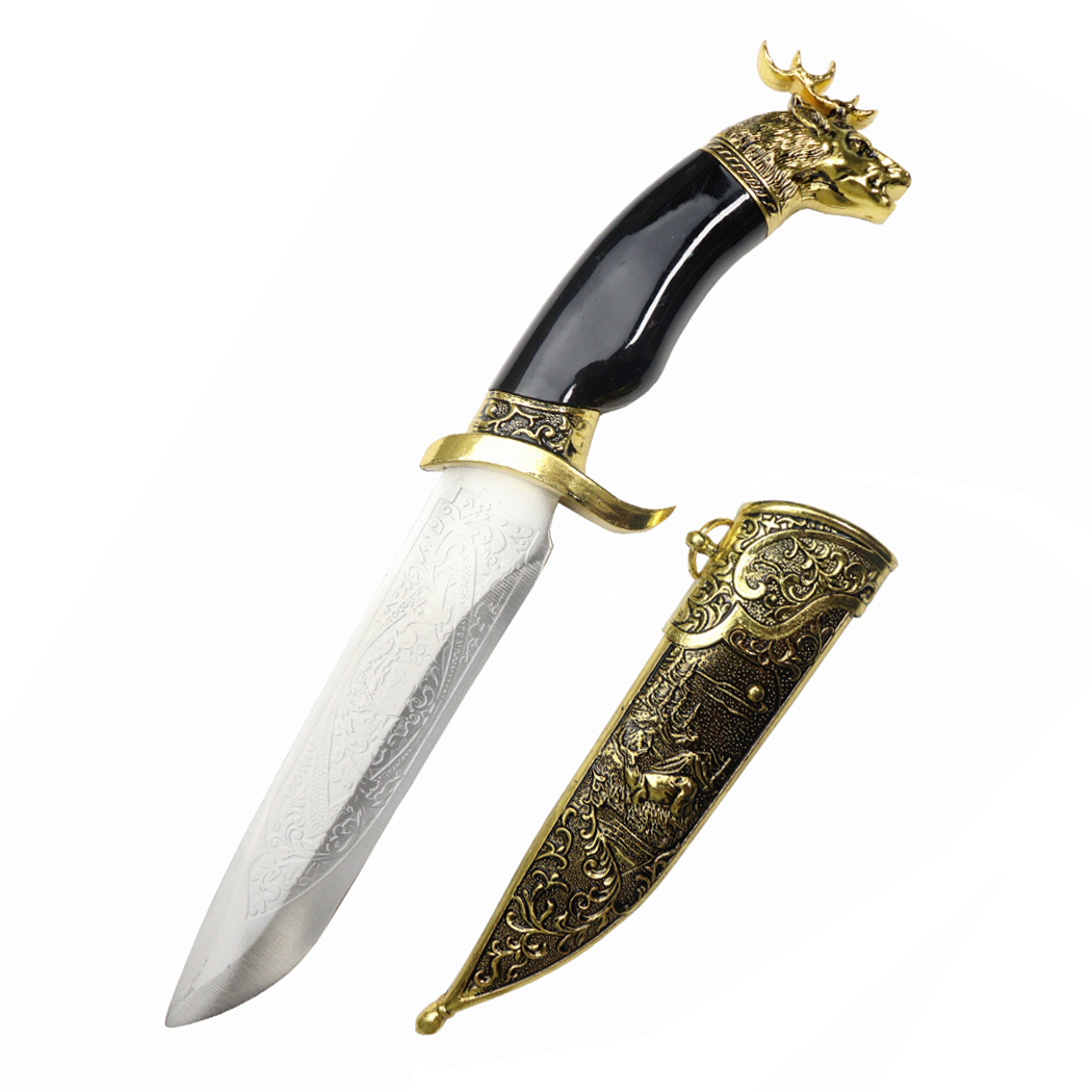 14051 12 in. Deer Head Plastic Handle Stainless Steel Blade Fantasy Dagger - Black