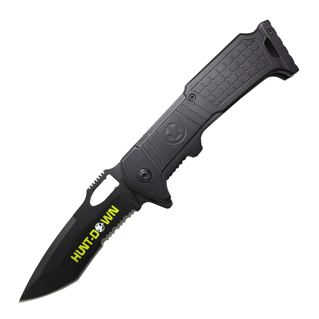 14055 9 in. Serrated Blade Spring Assisted Folding Knife with Belt Clip - All Black