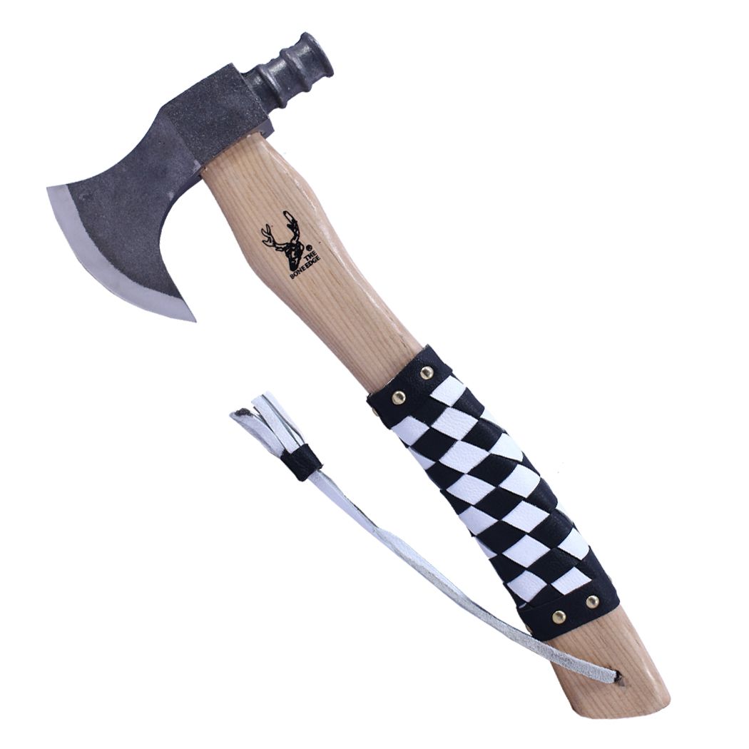 14063 18 in. Steel forged Blade Hunting Axe - Leather Wrapped Handle with Sheath - White & Black