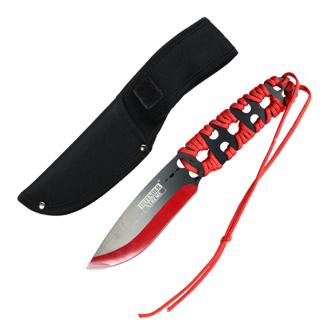 14064 10 in. Blade with Red Nylon Cord Wrapped Handle Hunting Knife with Sheath - Black & Red