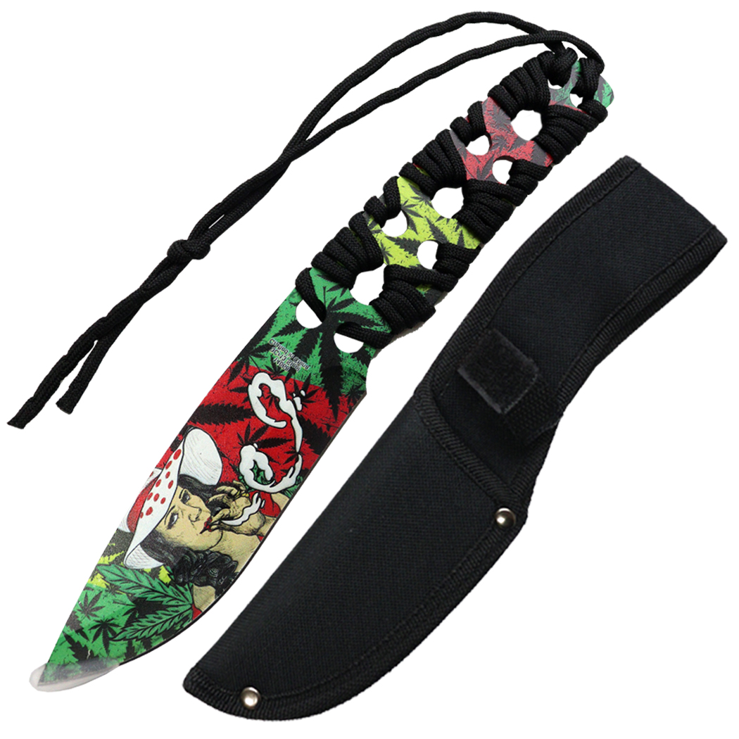 14068 10 in. 3D Girl Pattern Blade - Nylon Cord Wrapped Handle Hunting Knife with Sheath - Black