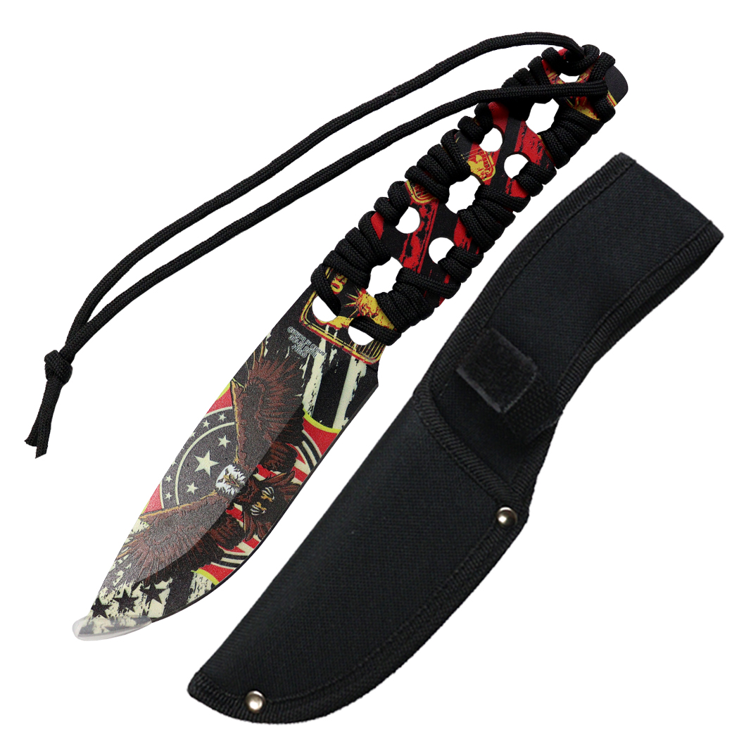 14070 10 in. 3D Eagle & USA Flag Pattern Blade - Nylon Cord Wrapped Handle Hunting Knife with Sheath - Black
