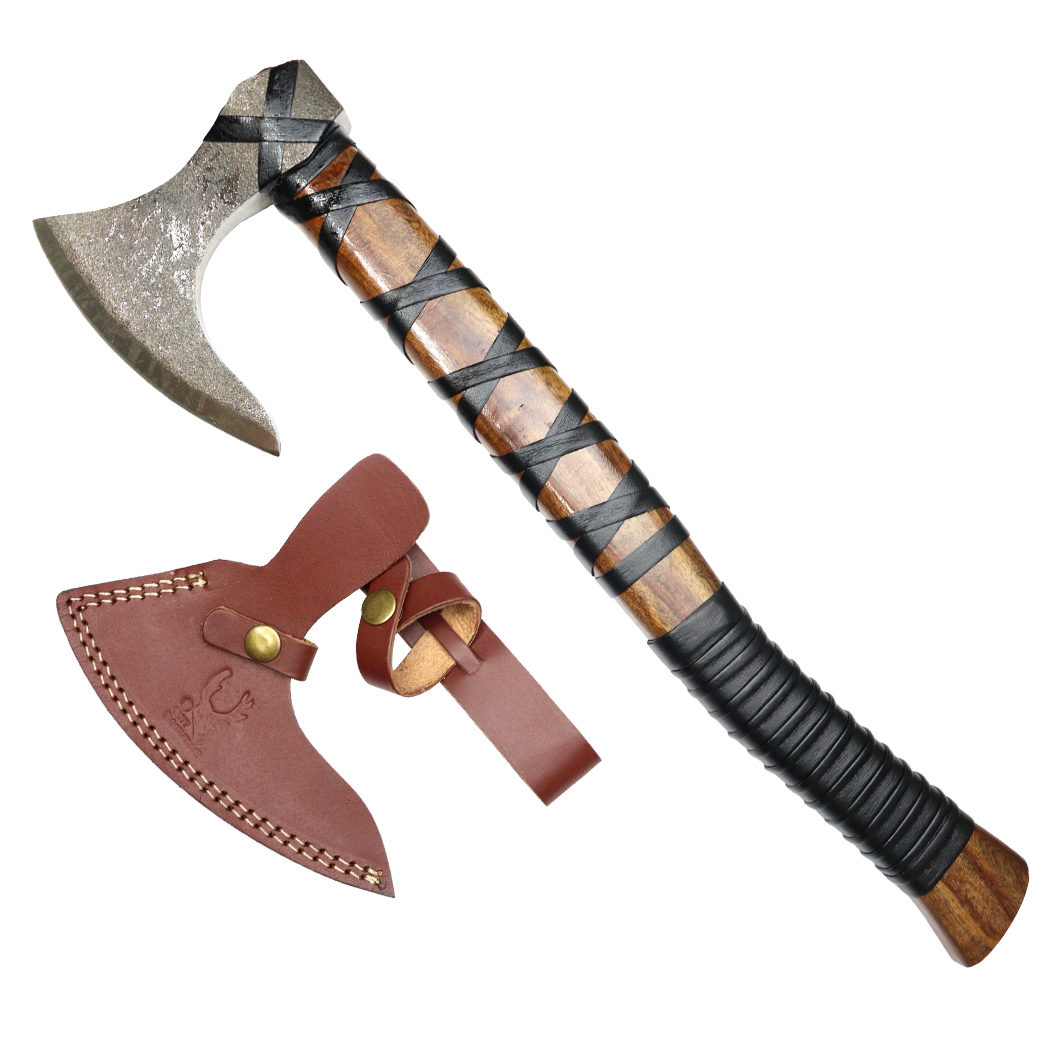 14071 20 in. Steel forged Blade Hunting Axe - Leather Wrapped Handle with Sheath - Black