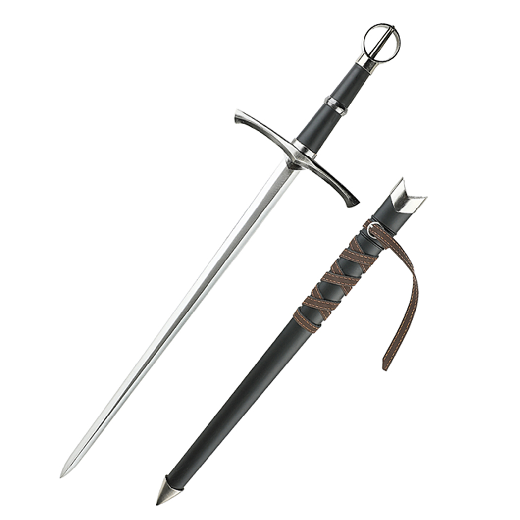 14087 23 in. Medieval Style Fantasy Sword - Back Circle Head Black Handle with Hard Plastic Scabbard