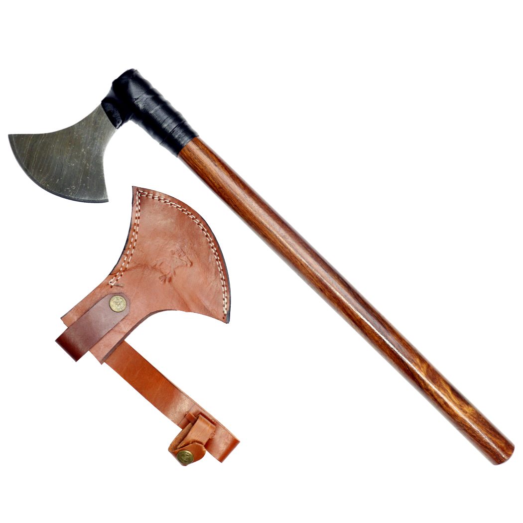 14097 21 in. Throwing Axe Damascus Blade Dark Wood Handle with Sheath