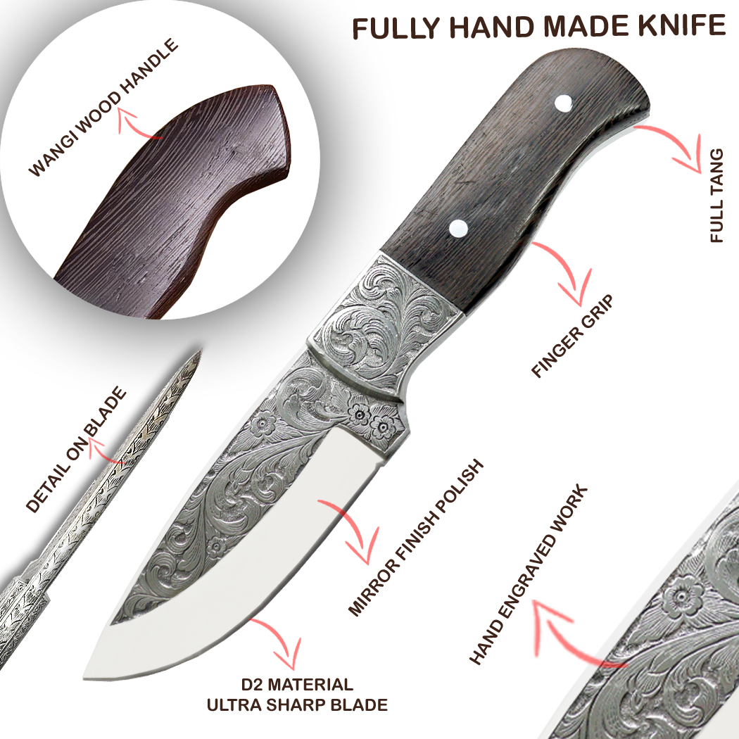 14118 10 in. Custom Hand Made Engraved Blade Winging Wood Handle Tracker Hunting Knife with Sheath