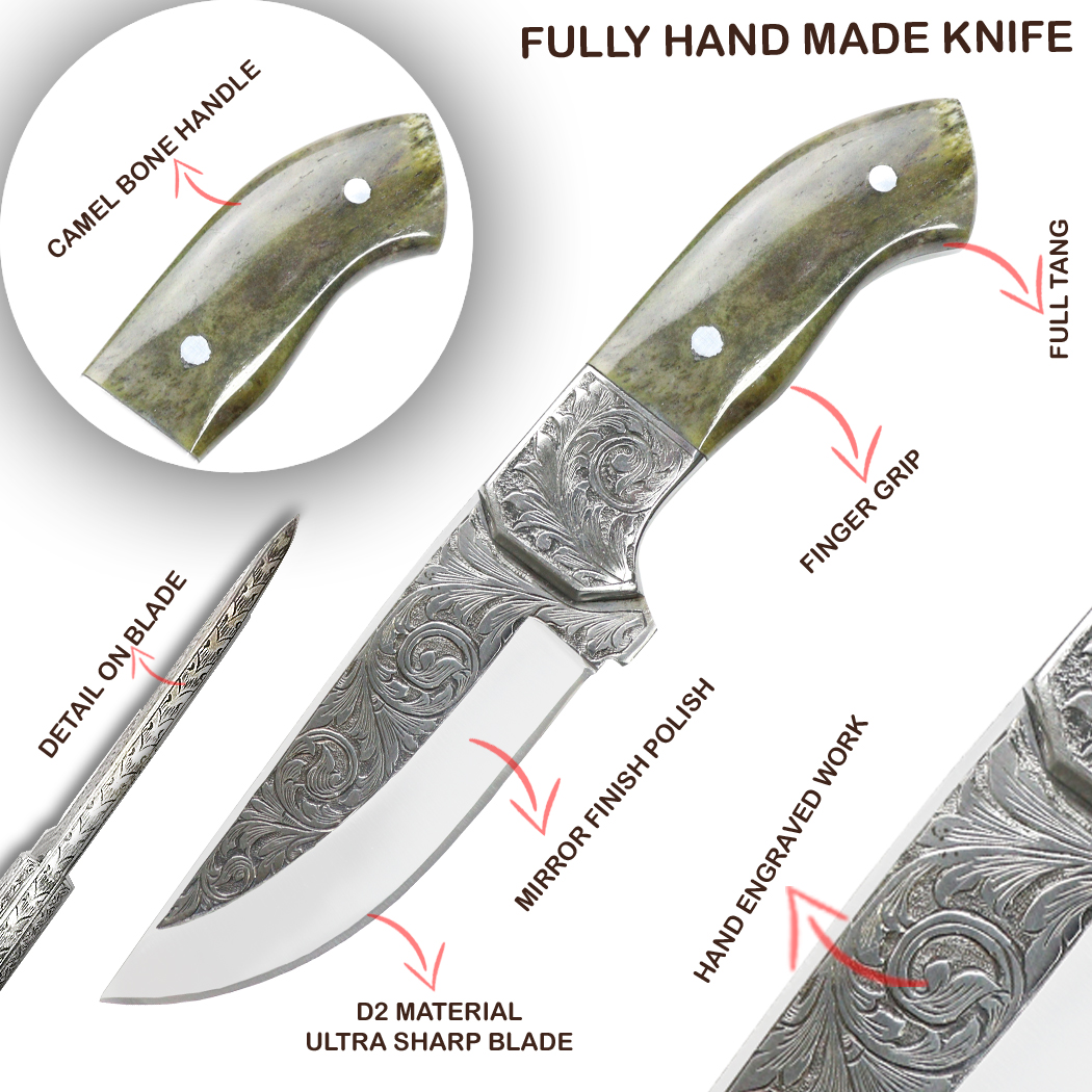 14119 10 in. Hand Made Engraved Blade Green & Brown Wood Handle Tracker Hunting Knife with Sheath