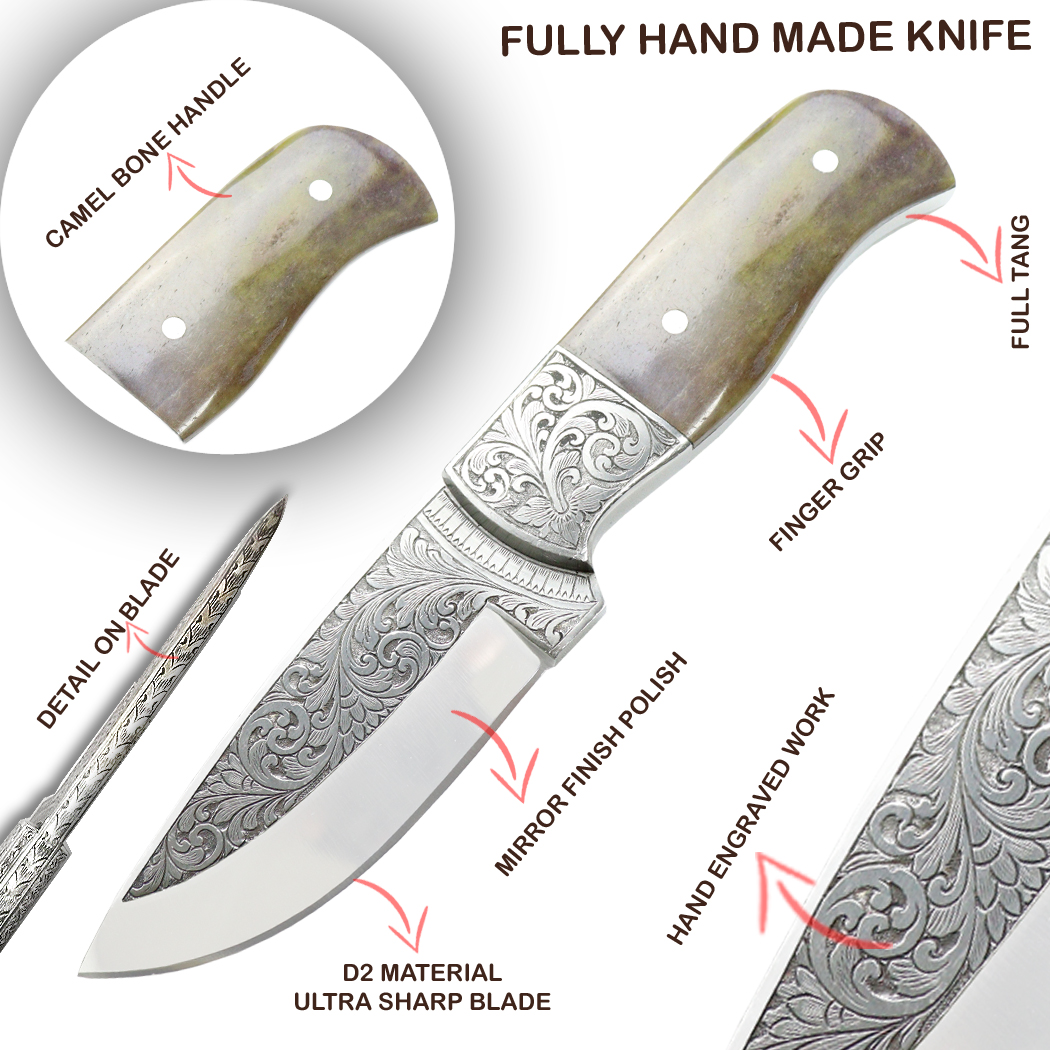 14120 10 in. Wood Handle Engraved Blade Hand Made Tracker Hunting Knife with Sheath - Green & Brown
