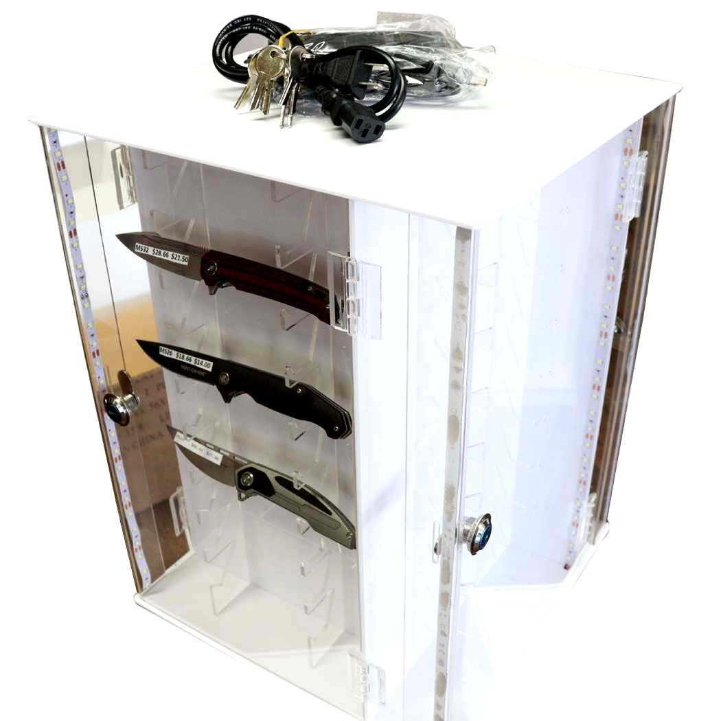 Display7 36 Piece Pocket Knife Holder Box with LED Lighting Rotating & Lock - 4 Sided Display