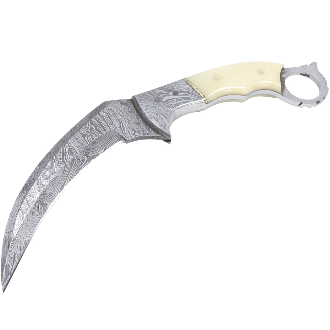 13140 9.5 in. Damascus Blade Beautiful Handle Hunting Knife with Leather Sheath