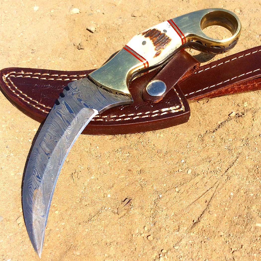 13175 8.5 in. Damascus Blade Stag Handle Hunting Knife with Leather Sheath