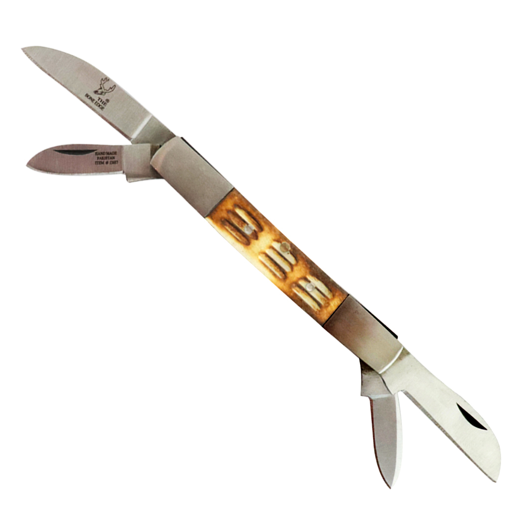 13687 8 in. Folding Four Bladed Knife with Bone Handle & Vinyl Sheath