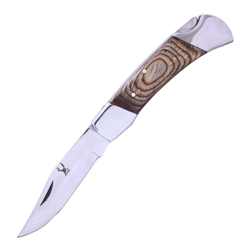 13693 9 in. Wood Handle Stainless Steel Blade Leather Sheath Folding Knife