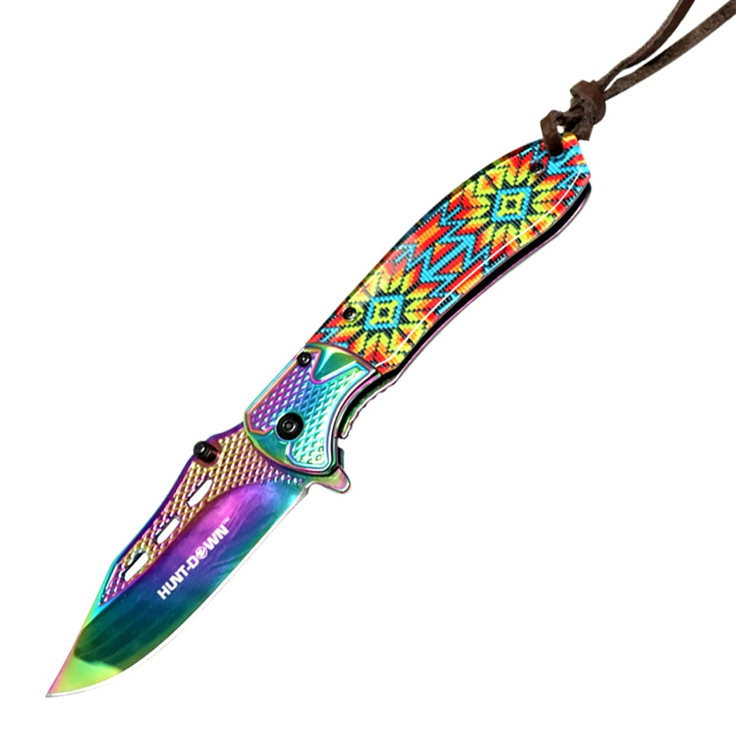 13722 8 in. Stone Wash Designer Handle Spring Assisted Folding Knife - Rainbow Blade