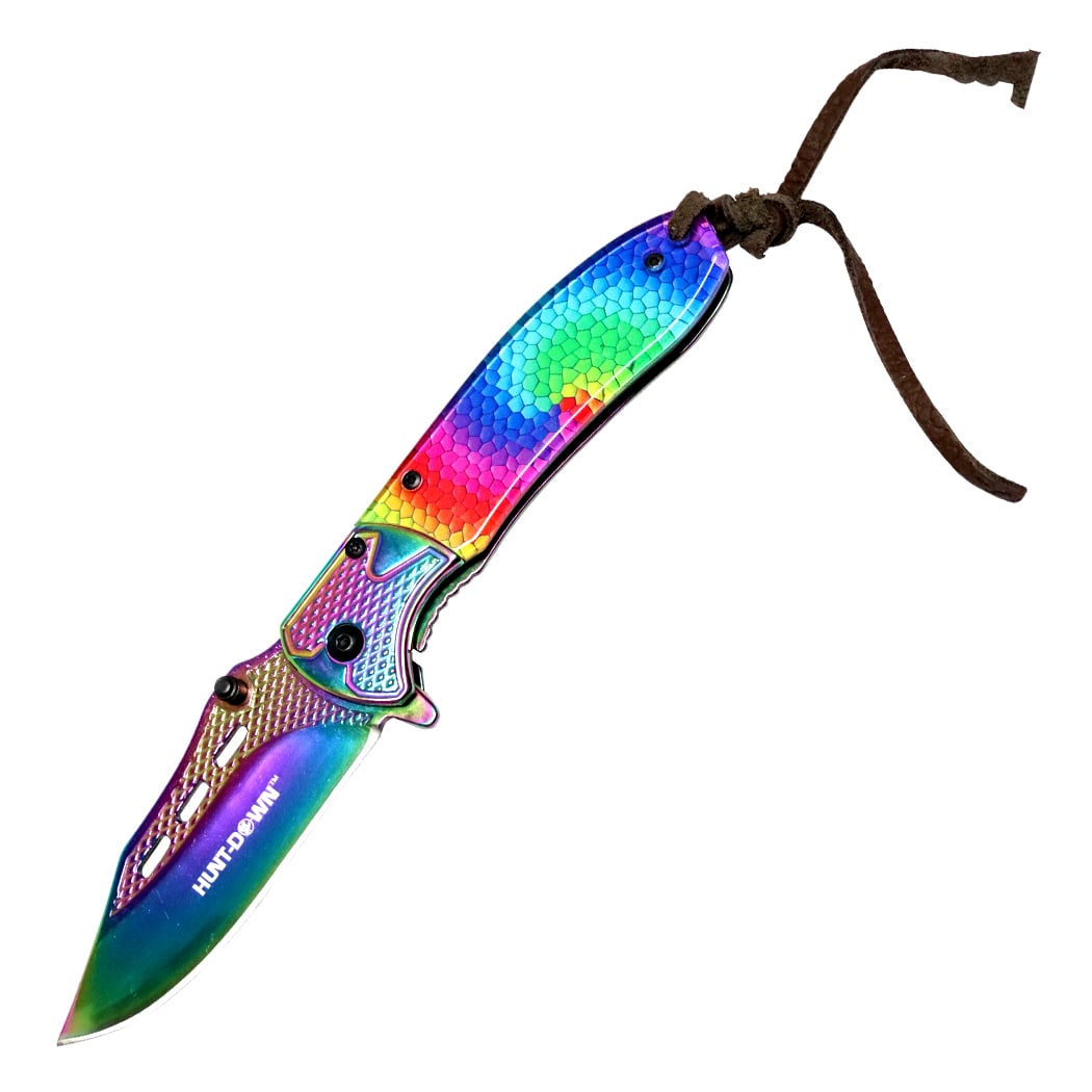 13723 8 in. Designer Handle Stone - wash Spring Assisted Folding Knife - Rainbow Blade