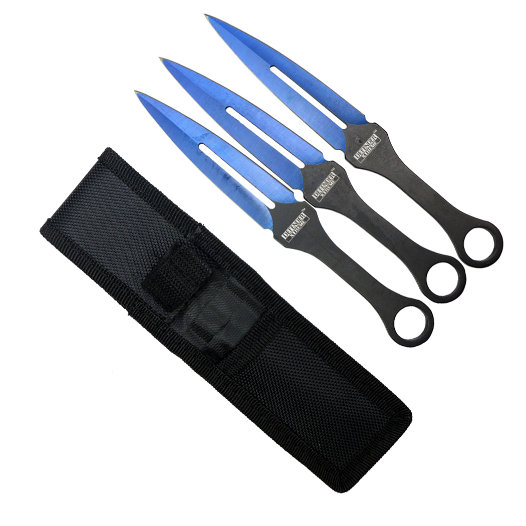13741 7 in. Throwing Knife Set with Nylon Pouch, Blue Blade - 3 Piece