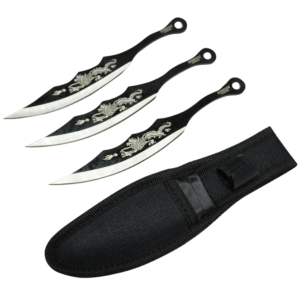 13753 7 in. Throwing Knives Set Two Tone Blade with Dragon Printing - 3 Piece