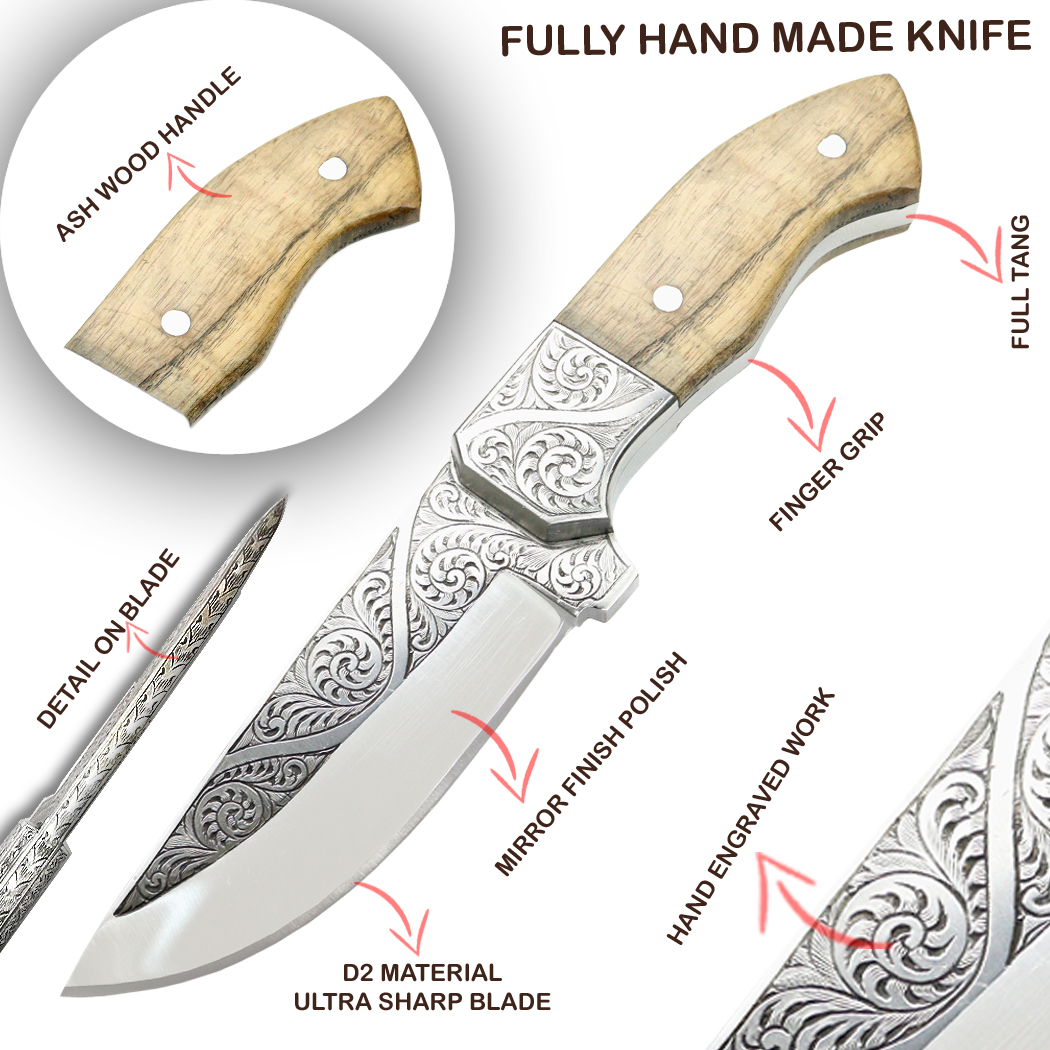 14121 10 in. Engraved Blade Handle Hand Made Tracker Hunting Knife with Sheath - Ash Wood