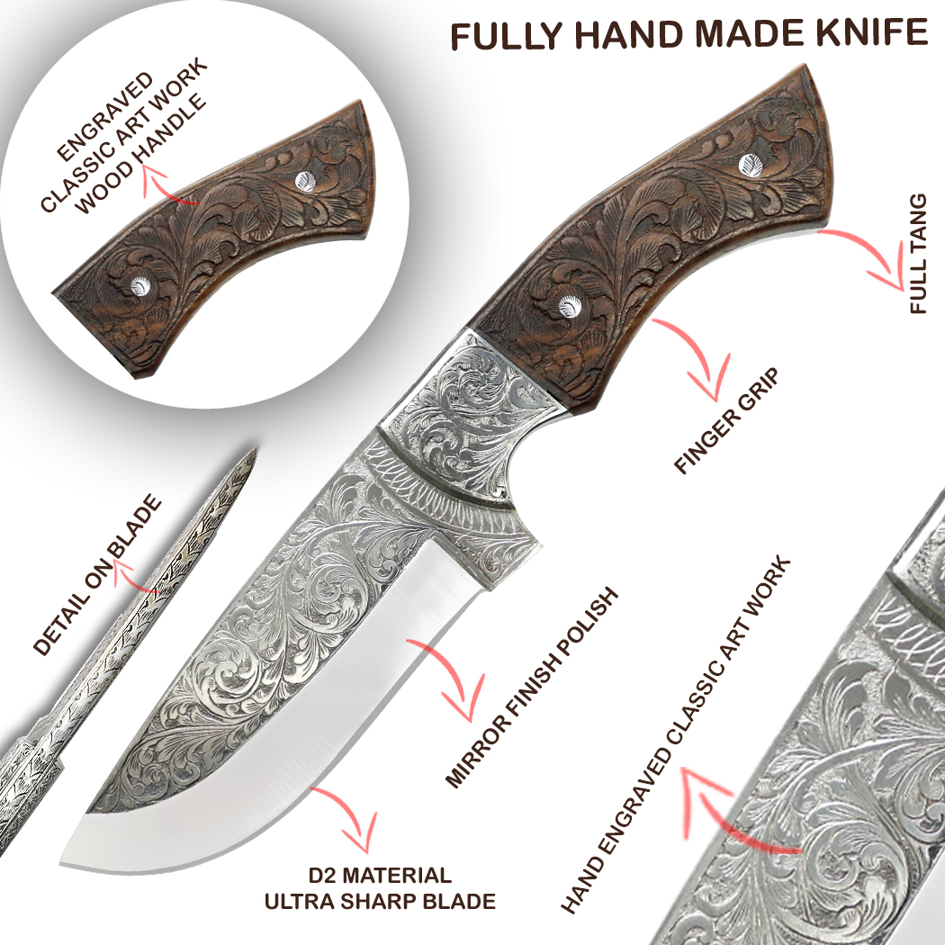 14122 10 in. Engraved Blade Handle Hand Made Tracker Hunting Knife with Sheath - Rose Wood