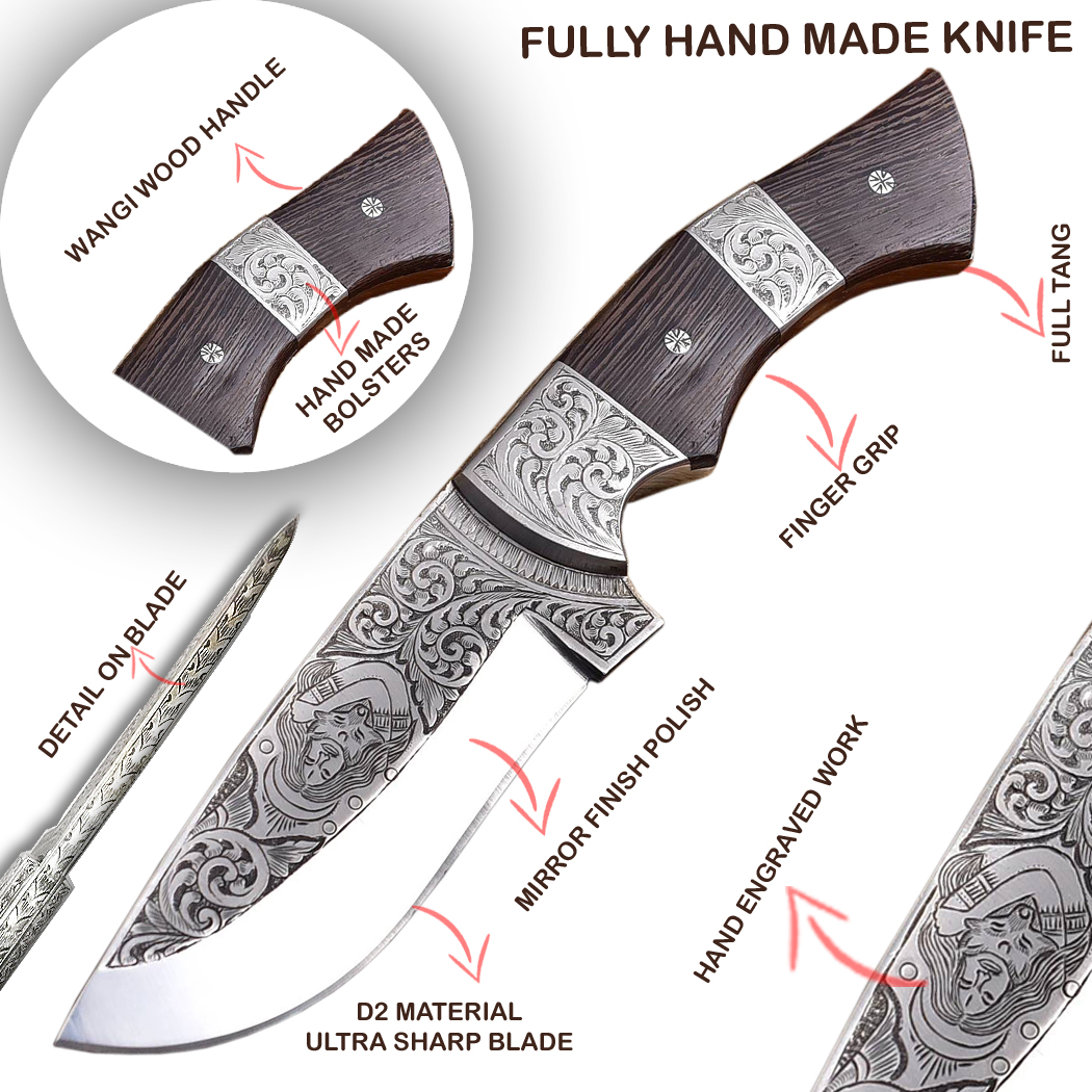 14123 10 in. Winging Wood Handle Engraved Blade Hand Made Tracker Hunting Knife with Sheath