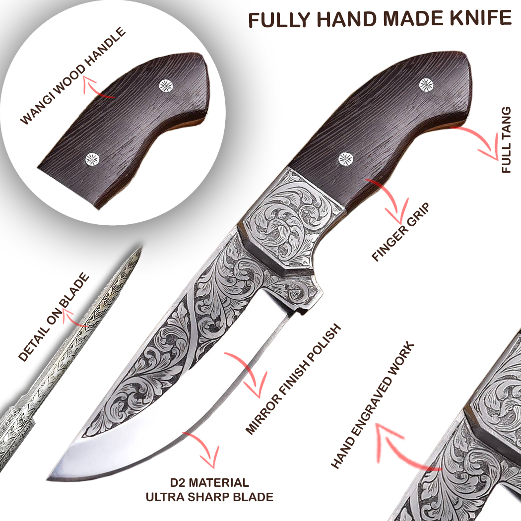 14124 10 in. Hand Made Winging Wood Handle Engraved Blade Tracker Hunting Knife with Sheath