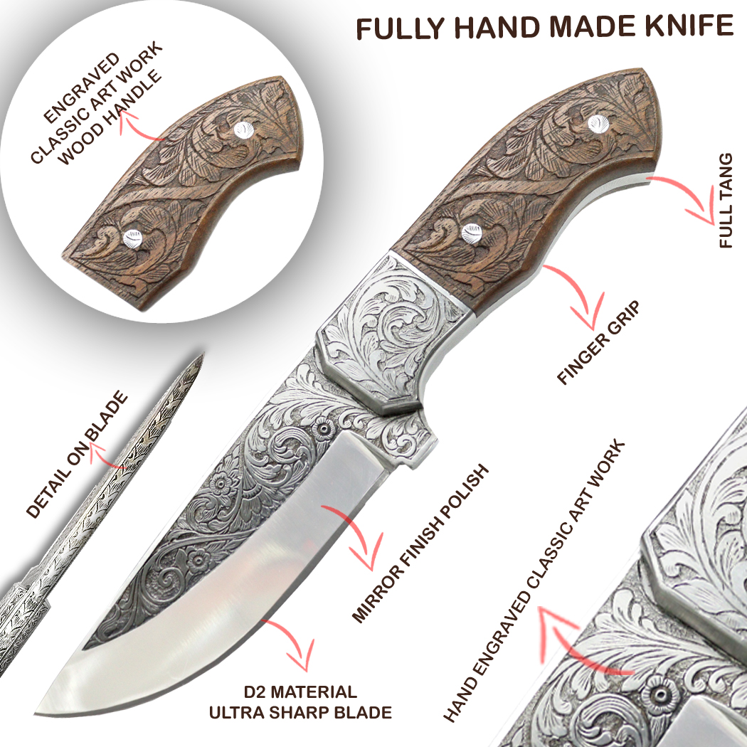 14125 10 in. Engraved Blade Hand Made Tracker Hunting Knife with Sheath - Rose Wood