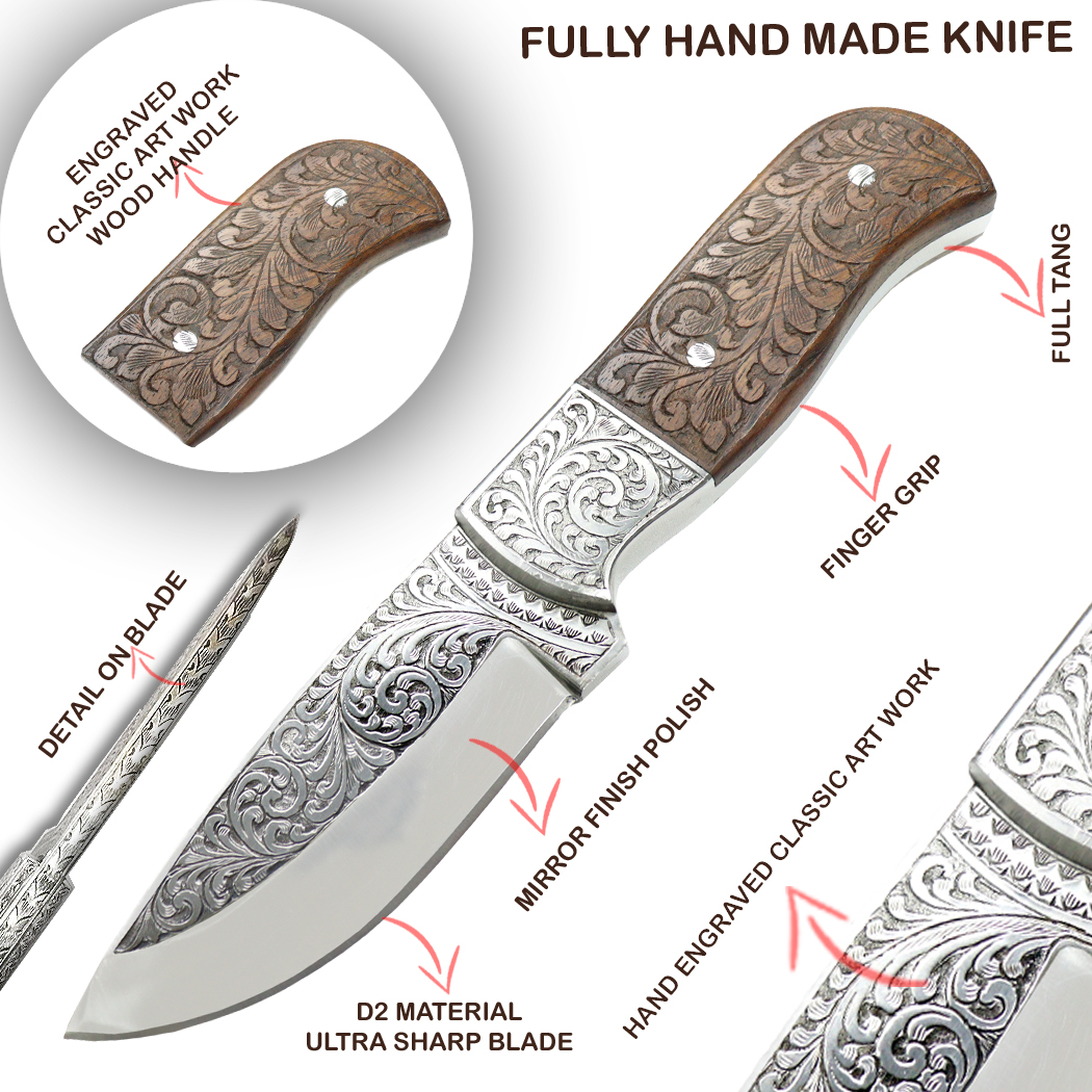 14126 9 in. Handle Engraved Blade Hand Made Tracker Hunting Knife with Sheath - Rose Wood