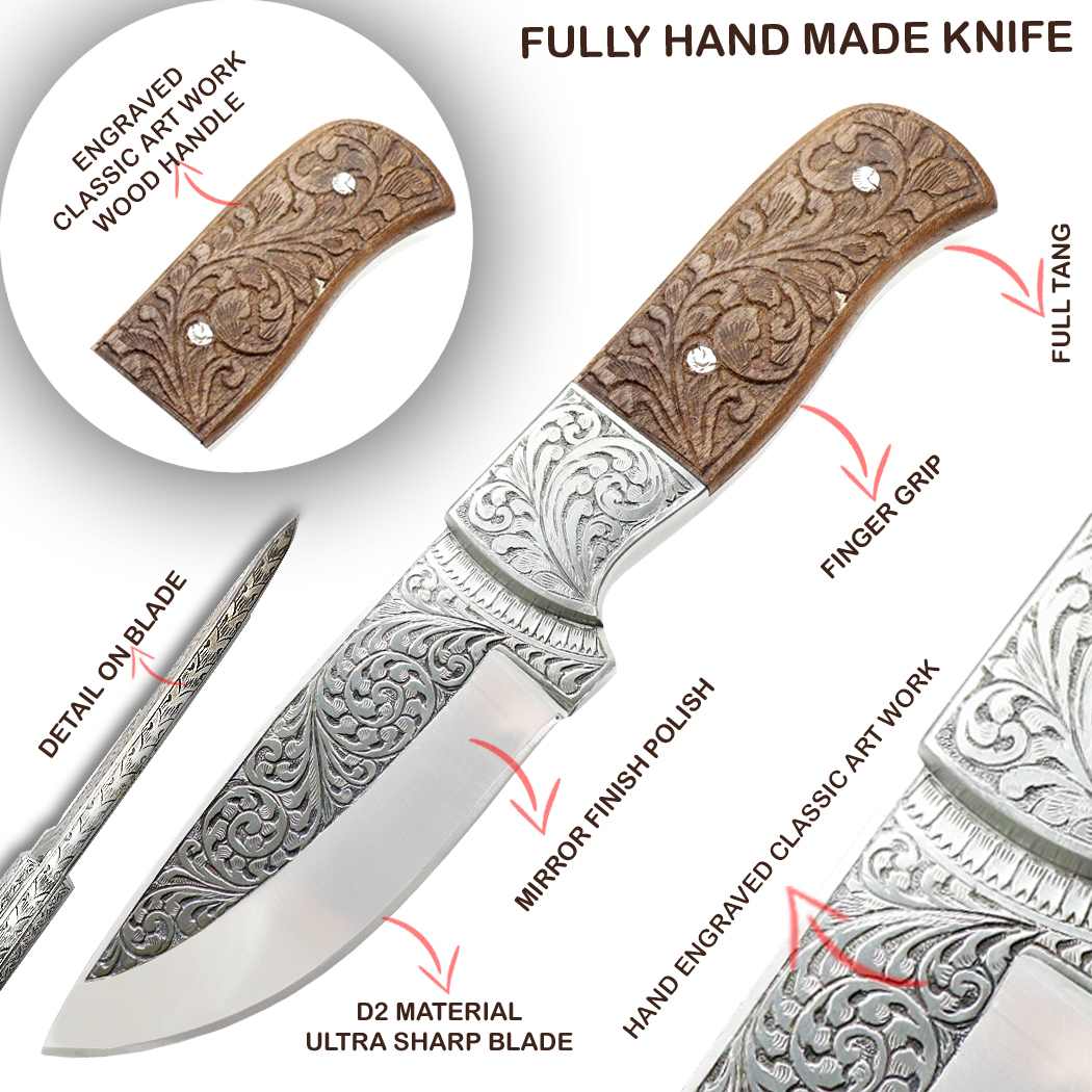 14127 9 in. Engraved Blade Rose Wood Handle Custom Hand Made Tracker Hunting Knife with Sheath