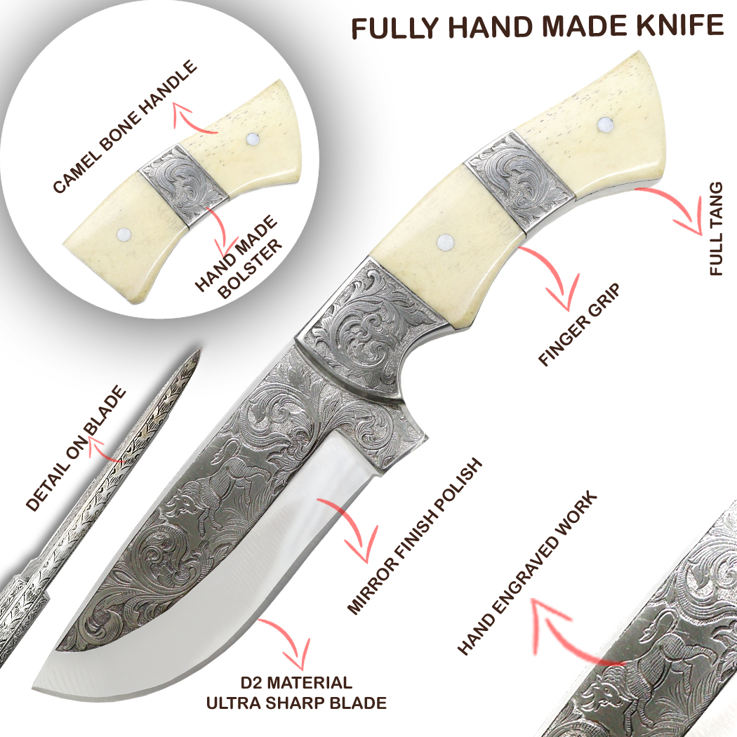 14128 10 in. Engraved Blade Horn Handle Hand Made Tracker Hunting Knife with Sheath