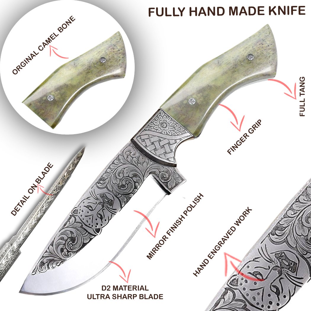 14129 10 in. Horn Handle Engraved Blade Hand Made Tracker Hunting Knife with Sheath - Green & Brown