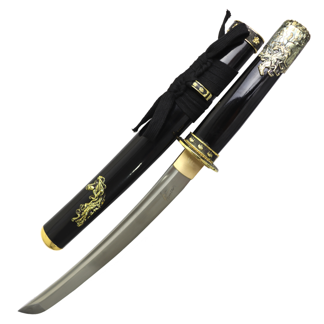 14174 19.5 in. Carbon Steel Blade Samurai Sword - Black Gold Emblem Scabbard