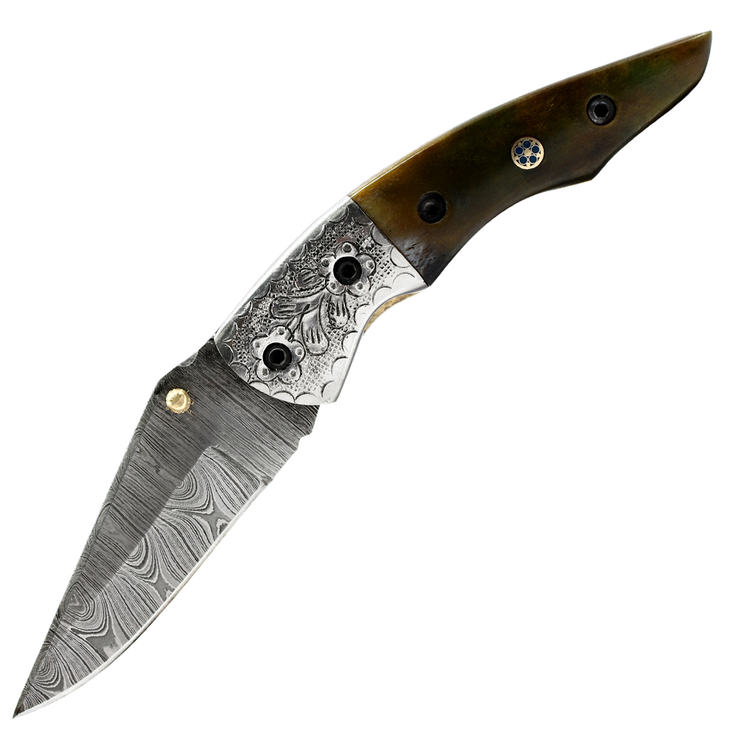 14138 7.5 in. Damascus Blade Hand Made Folding Knife - Burn Bone Handle with Silver Bolster