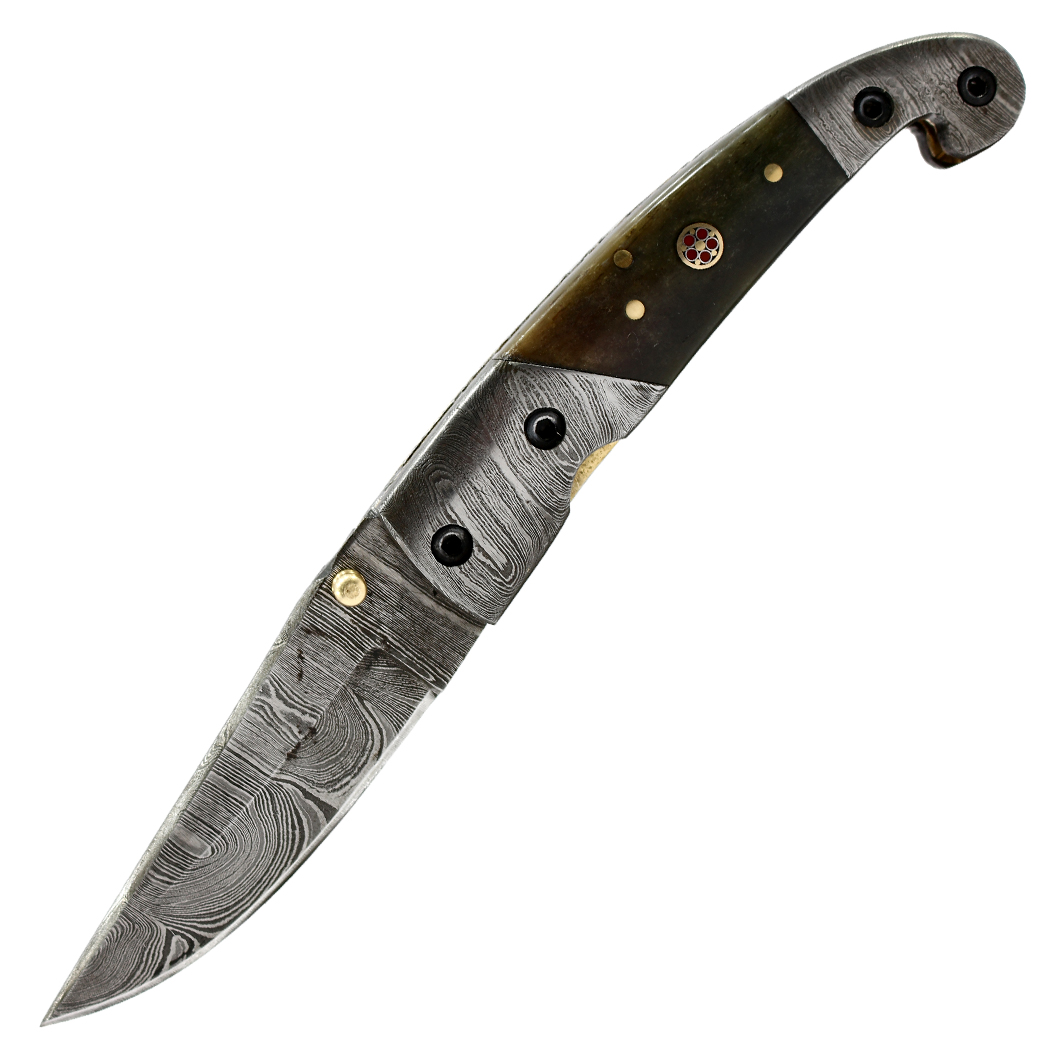14139 7.5 in. Damascus Blade Folding Knife - Hand Made Burn Bone Handle with Damascus Bolster