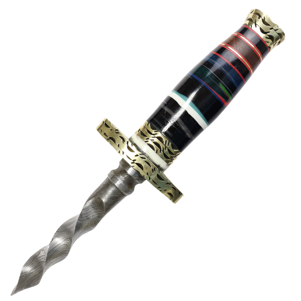 14166 11 in. Twist Kris Triangle Blade Dagger - Damascus Steel Multi Resin Handle